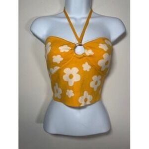 Pretty Garbage Floral Halter Sweater Top Large Yellow Daisy Knit Retro Festival